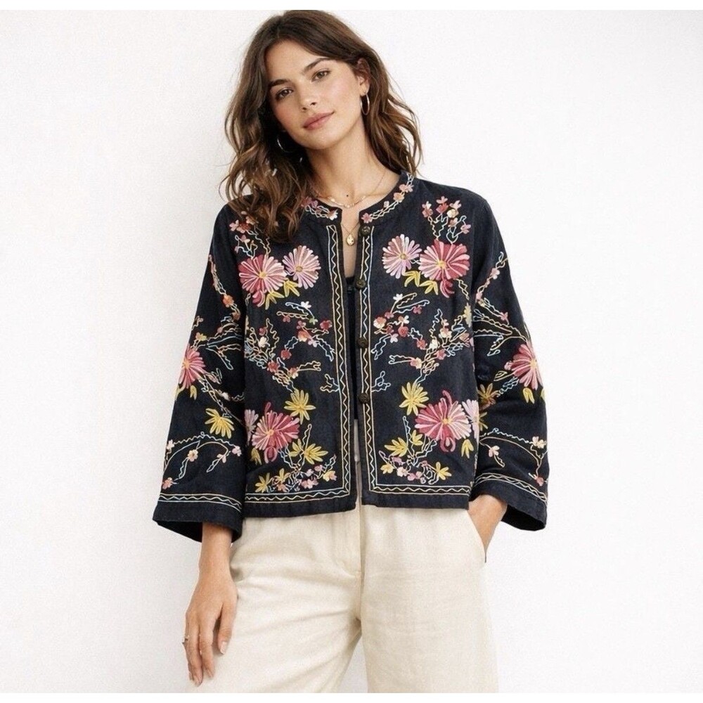 Vintage Cotton Flax Floral Jacket Black Embroidered Bedford Fair Women’s S